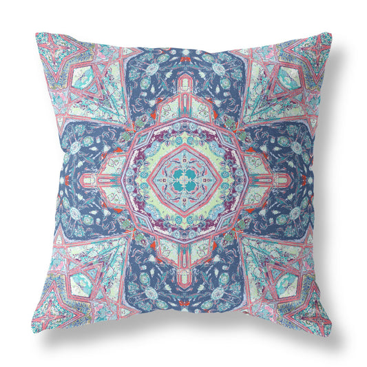 20" Light Blue Pink Floral Geometric Suede Throw Pillow