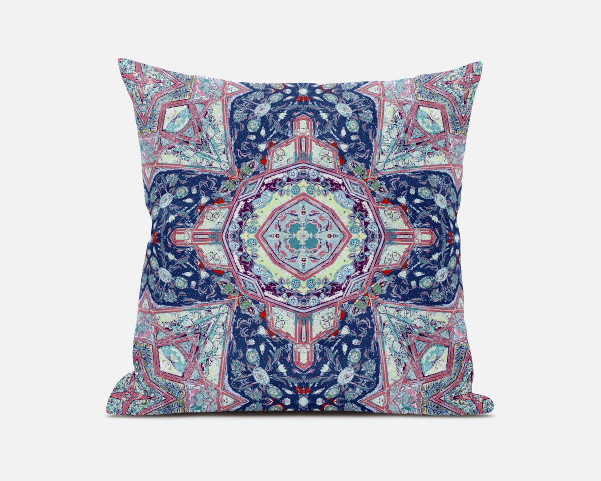 20" Light Blue Pink Floral Geometric Suede Throw Pillow