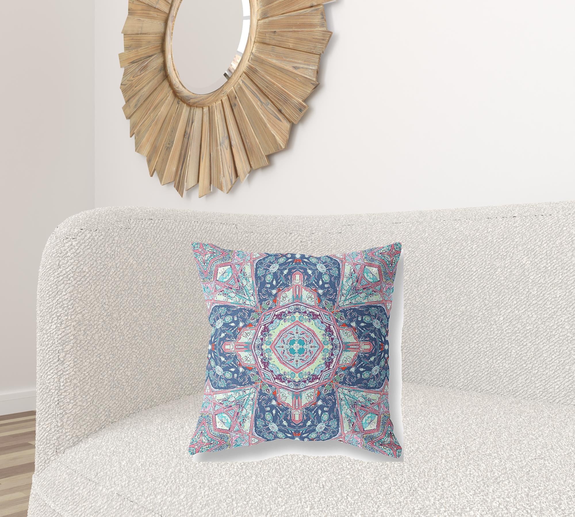 20" Light Blue Pink Floral Geometric Suede Throw Pillow