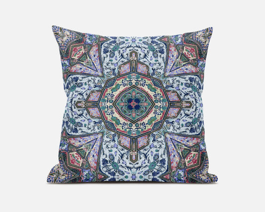 20" Pale Blue Pink Floral Medallion Suede Throw Pillow