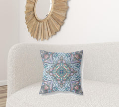 20" Pale Blue Pink Floral Medallion Suede Throw Pillow