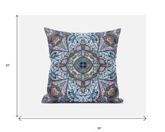 20" Pale Blue Pink Floral Medallion Suede Throw Pillow