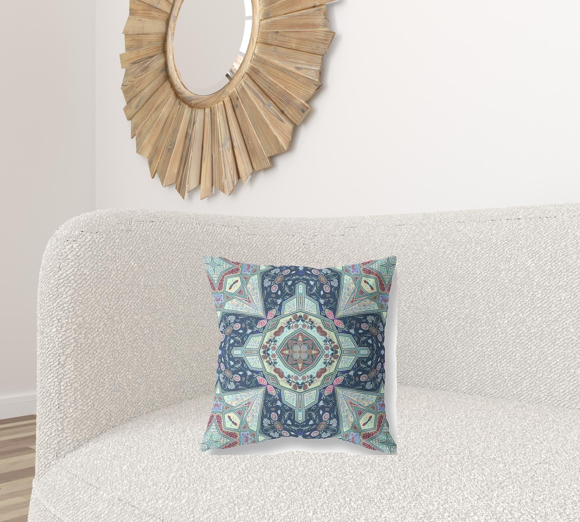 18" Aqua Blue Boho Chic Pattern Suede Throw Pillow - Homeroots