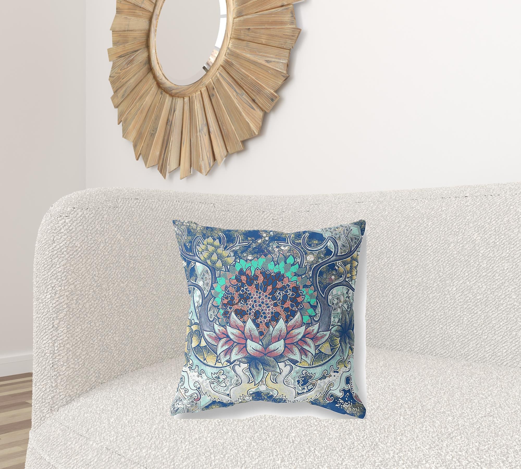 20” Blue Aqua Flower Bloom Suede Throw Pillow