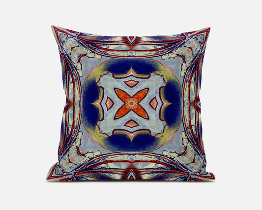 16” Red Blue Geo Tribal Suede Throw Pillow