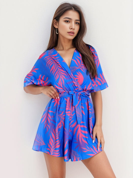 Printed Surplice Half Sleeve Romper Trendsi