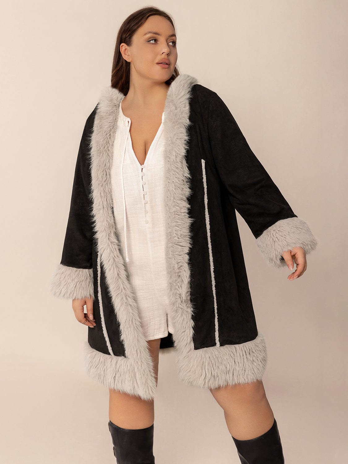 Plus Size Fuzzy Trim Open Front Long Sleeve Hooded Coat - Trendsi