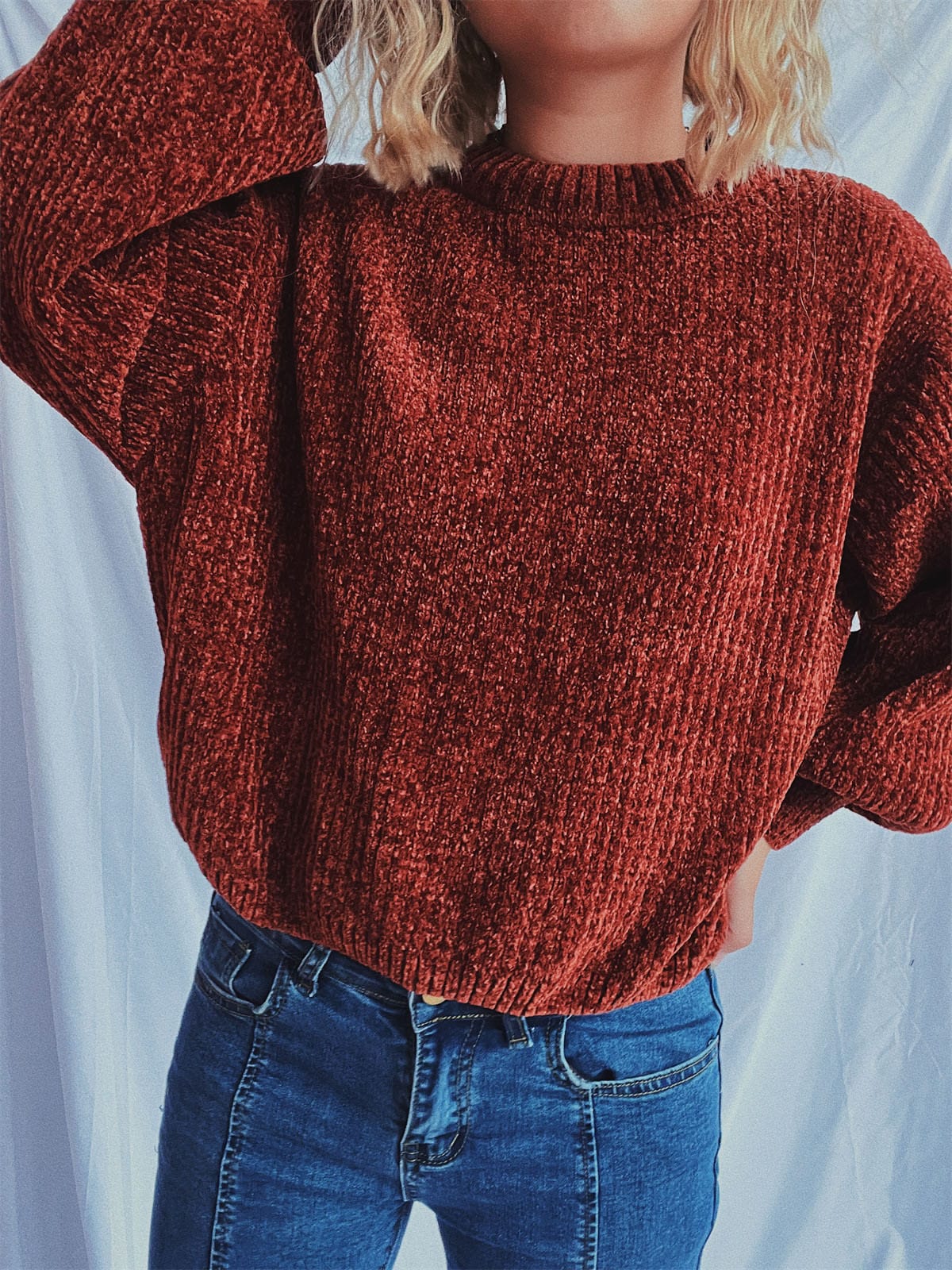 Round Neck Dropped Shoulder Long Sleeve Sweater - Trendsi