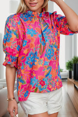 Printed Mock Neck Half Sleeve Blouse - Flyclothing LLC