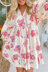 Tied Flower Printed Three-Quarter Sleeve Dress