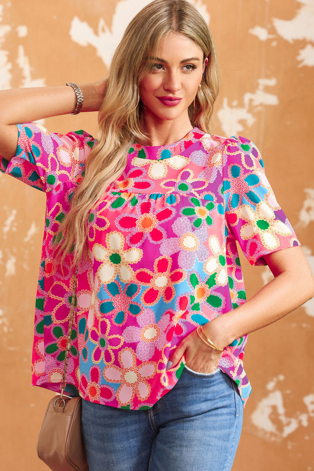 Tied Printed Round Neck Half Sleeve Blouse - Flyclothing LLC