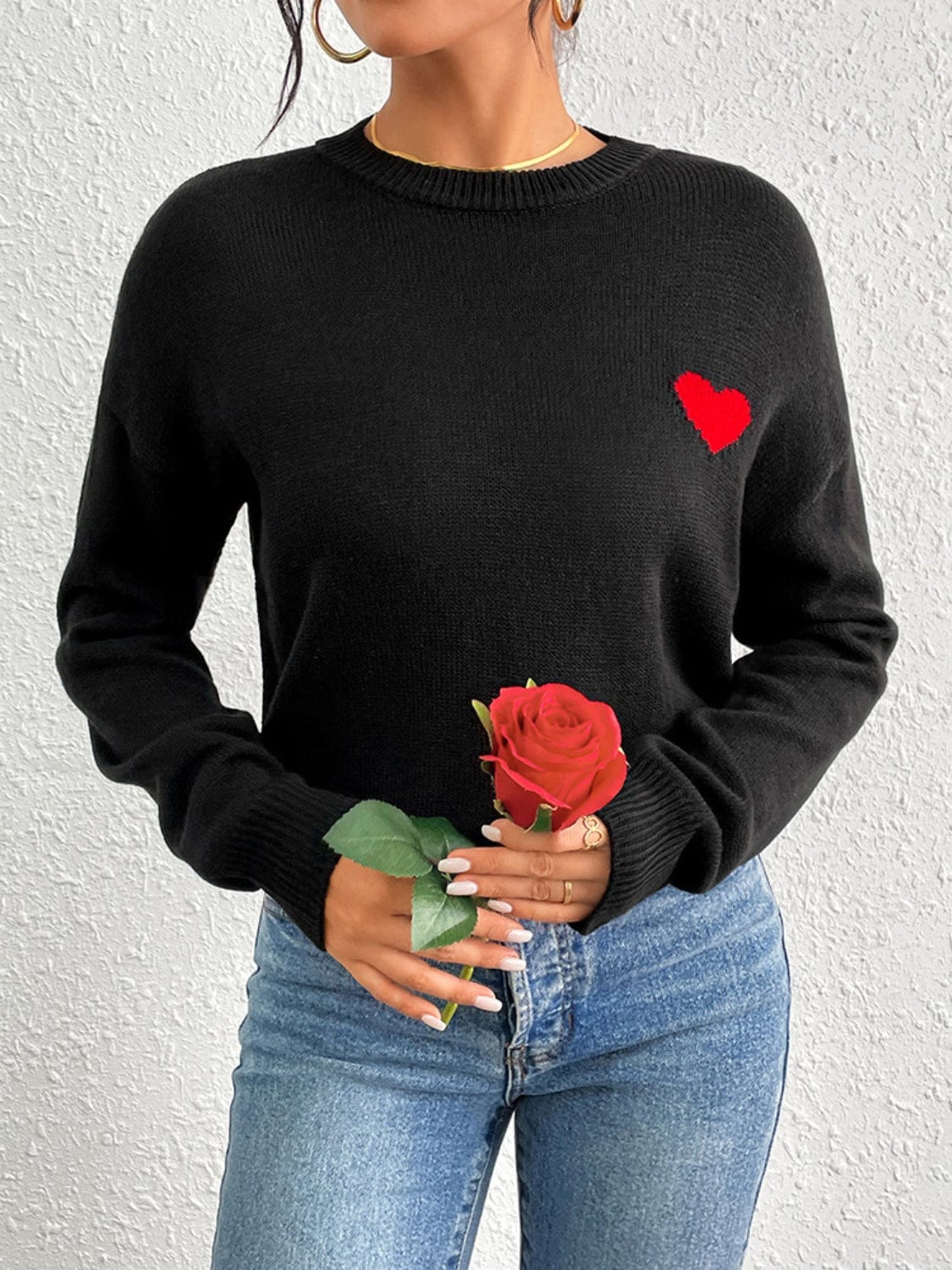 Heart Round Neck Long Sleeve Sweater - Trendsi