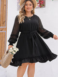 Plus Size Swiss Dot Round Neck Long Sleeve Dress - Flyclothing LLC