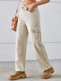 Drawstring Mid-Rise Waist Straight Cargo Jeans - Flyclothing LLC