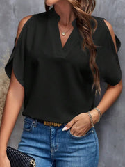 Notched Cold Shoulder Half Sleeve Blouse Trendsi