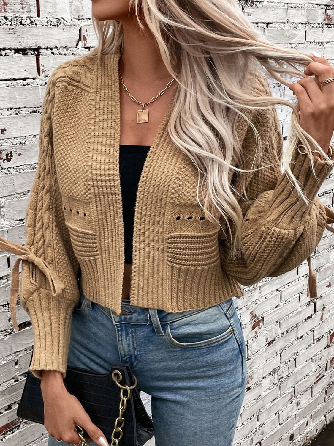 Cable-Knit Tied Open Front Lantern Sleeve Cardigan - Trendsi