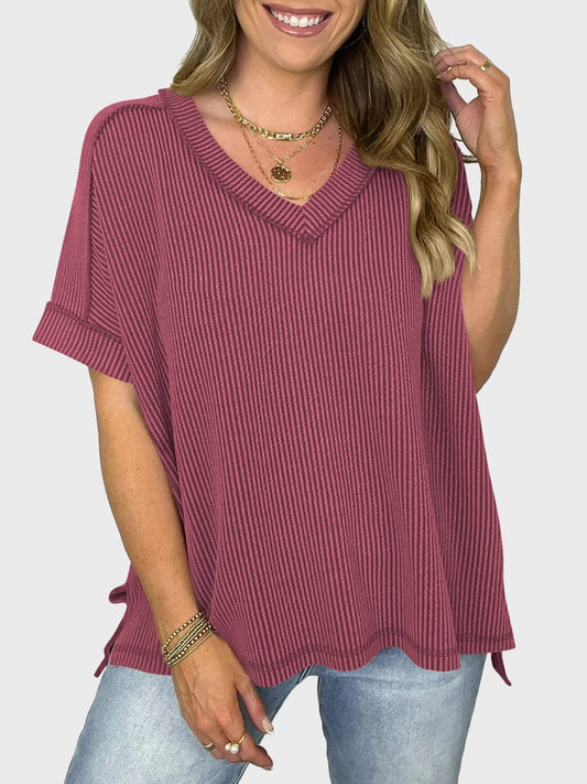 Lovelet Texture V-Neck Half Sleeve T-Shirt - Trendsi