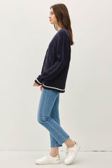 Be Cool Contrast Trim Cable-Knit V-Neck Cardigan - Trendsi