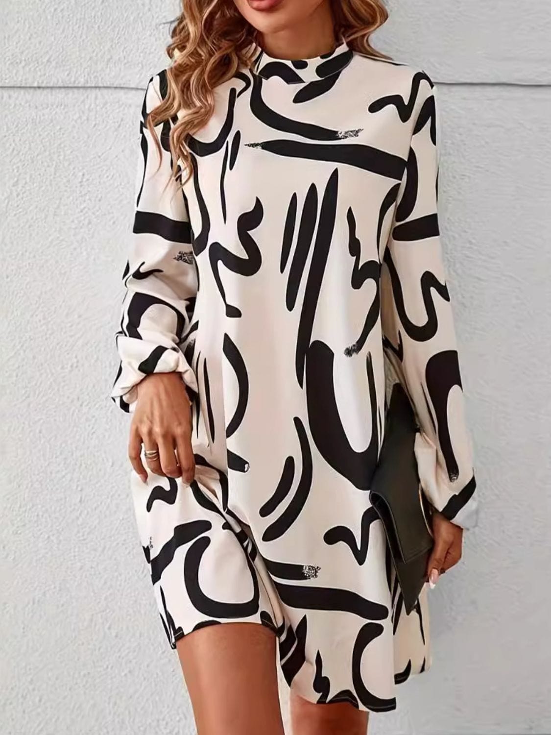 Printed Mock Neck Long Sleeve Mini Dress - Trendsi