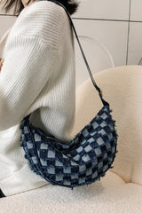 Raw Hem Checkered Denim Crossbody Bag - Trendsi