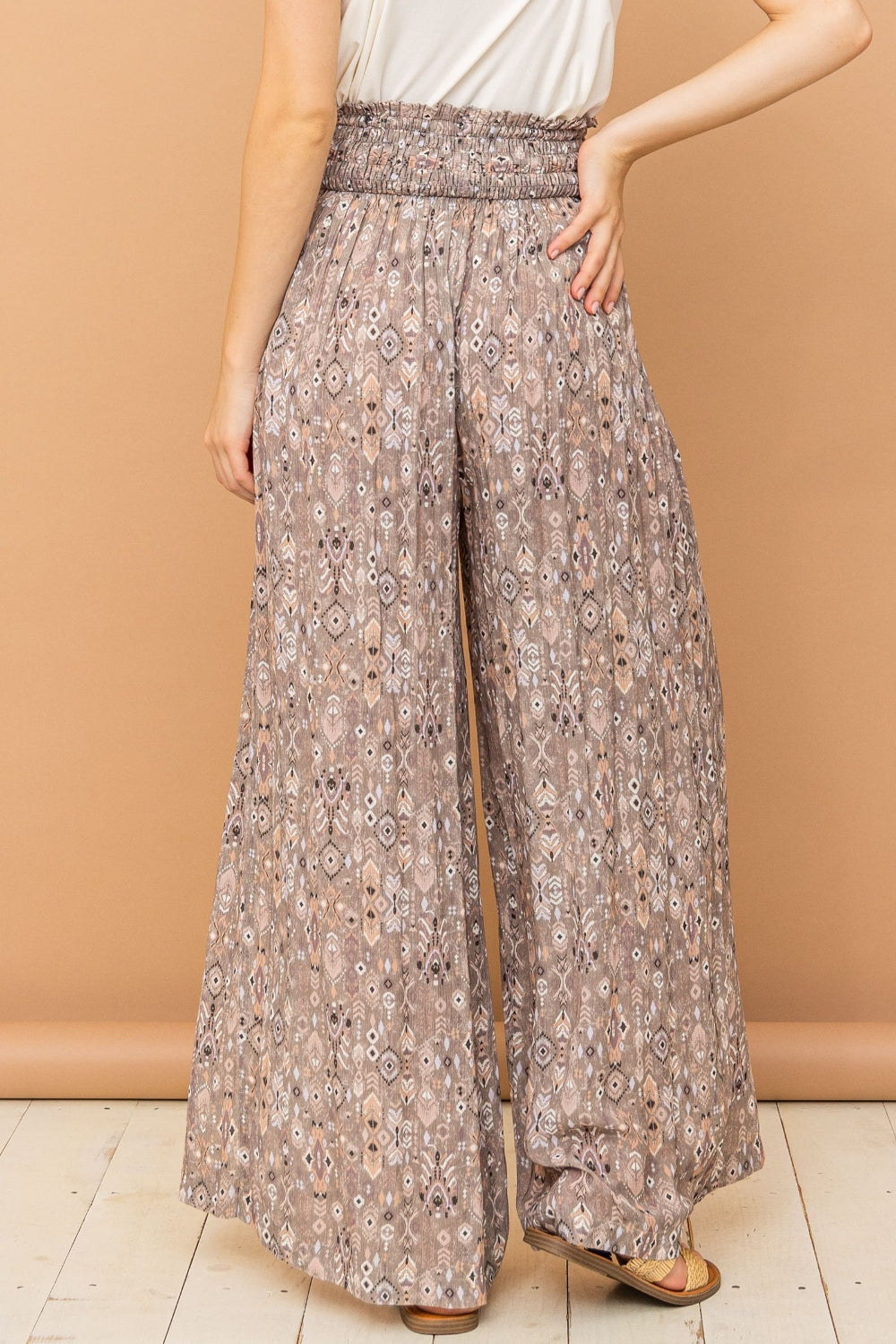 And The Why Printed Smocked Waist Slit Wide Leg Pants - Flyclothing LLC