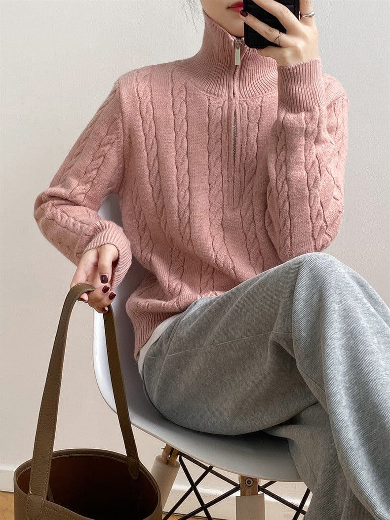 Cable-Knit Half Zip Long Sleeve Sweater - Trendsi