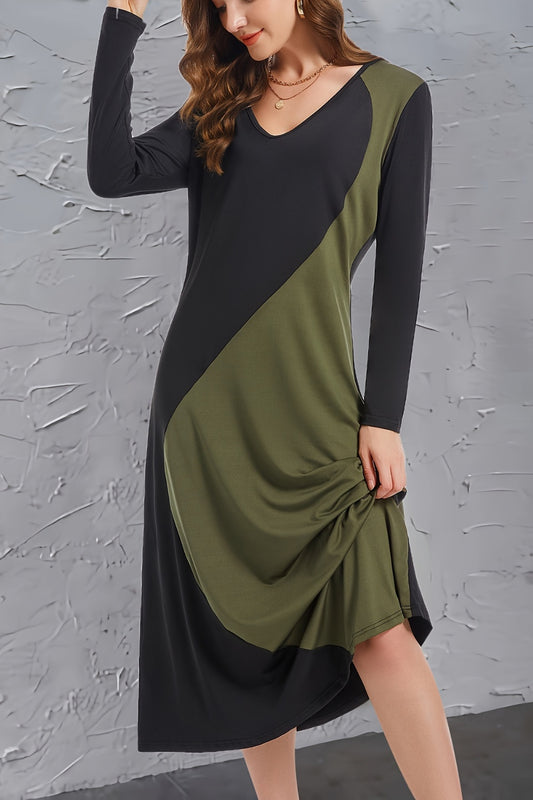 Contrast Long Sleeve Midi Dress - Trendsi