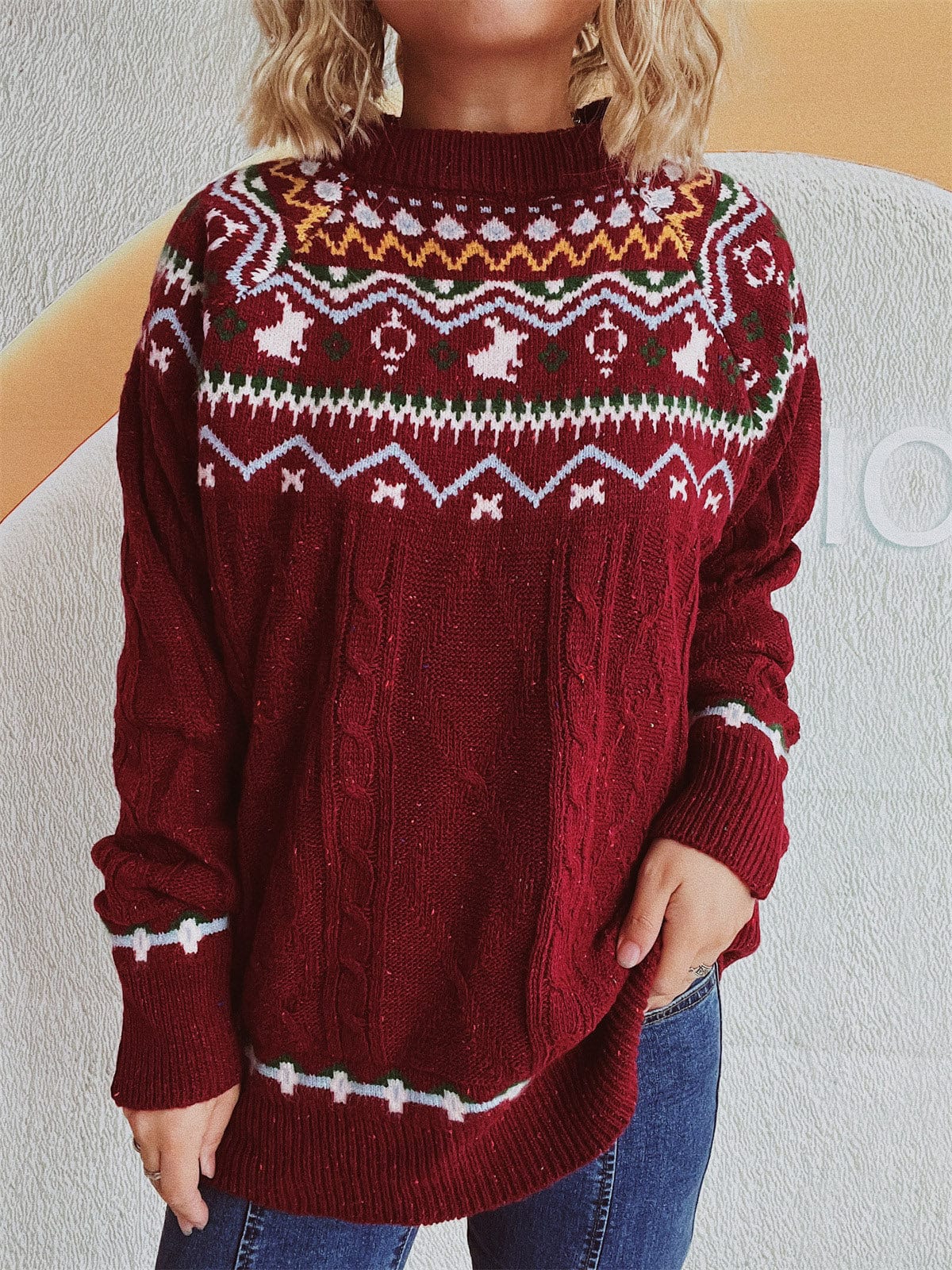 Cable-Knit Mock Neck Long Sleeve Sweater - Trendsi