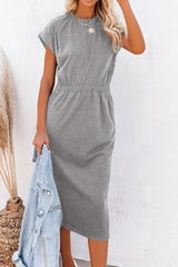 Pocketed Round Neck Cap Sleeve Dress Trendsi