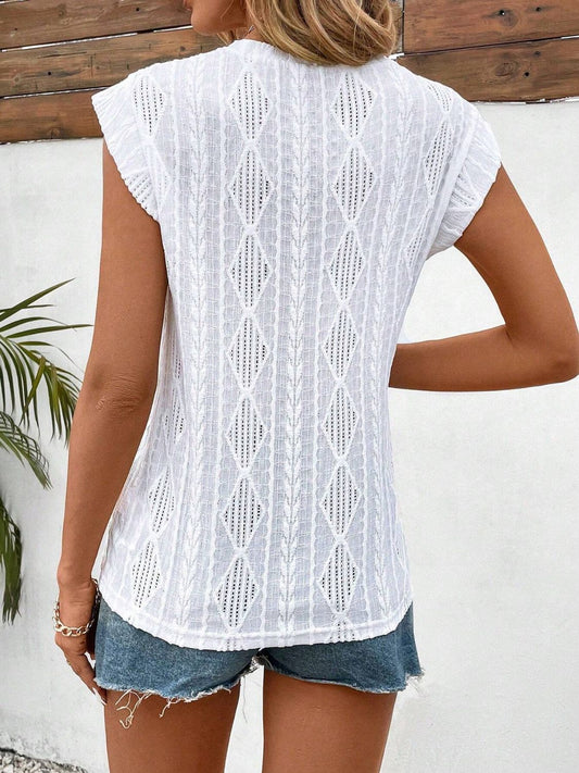 Eyelet Round Neck Cap Sleeve Top