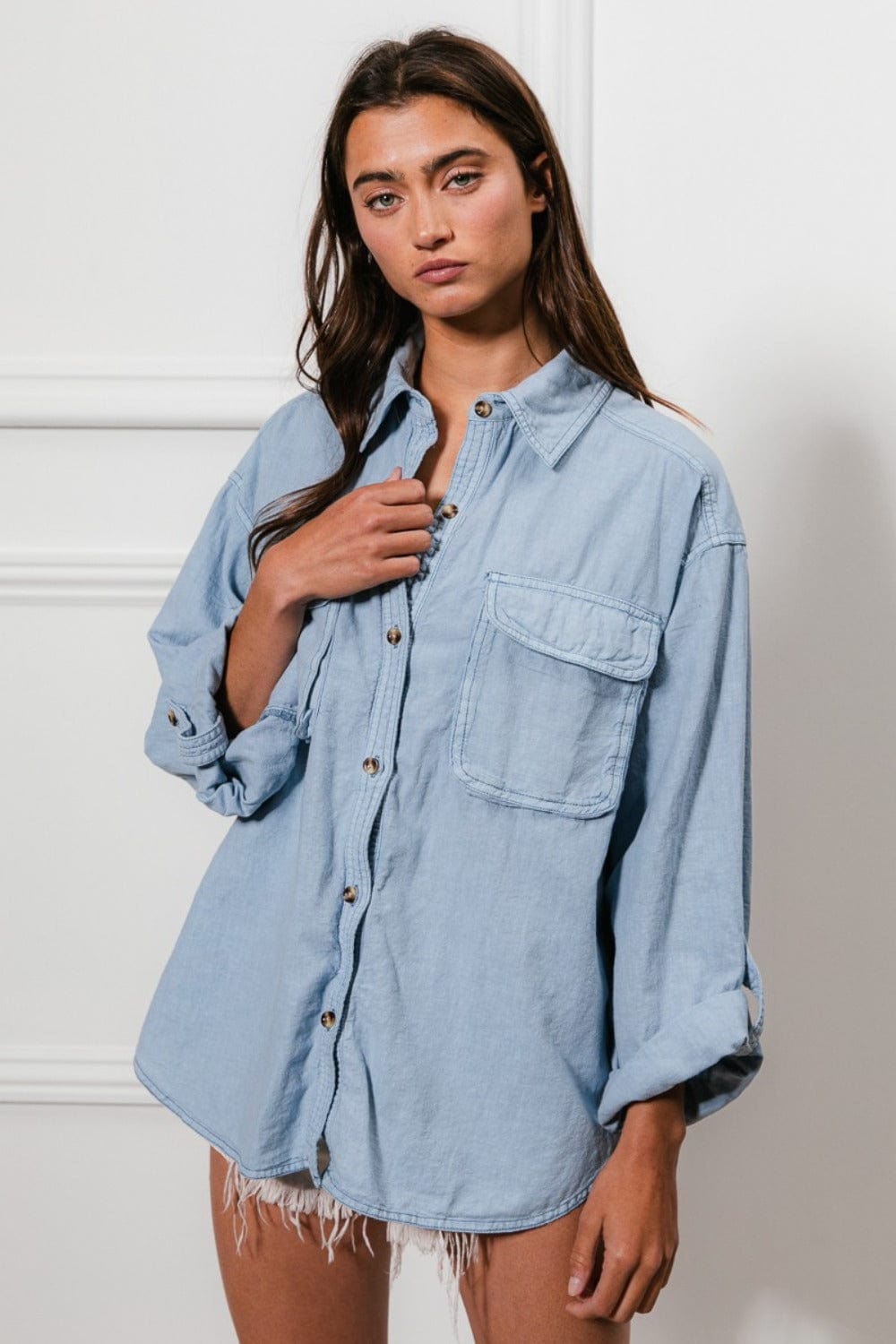 BiBi Button Down Stitch Detail Shirt with Chest Pockets - Trendsi