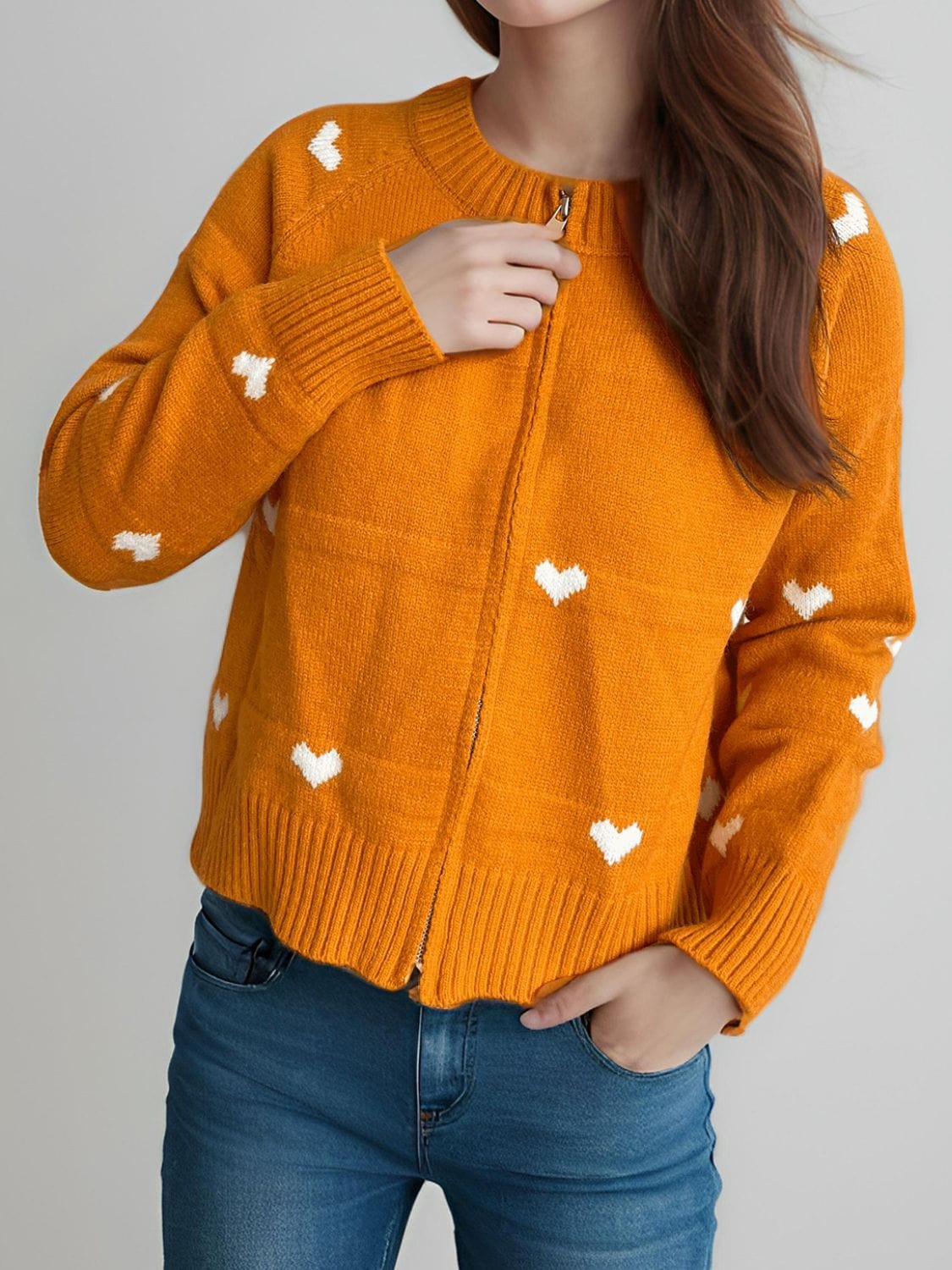 Heart Round Neck Zip Up Cardigan - Trendsi