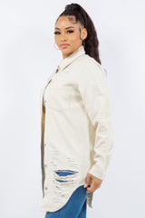 American Bazi Distressed Button Up Long Sleeve Denim Jacket - Trendsi