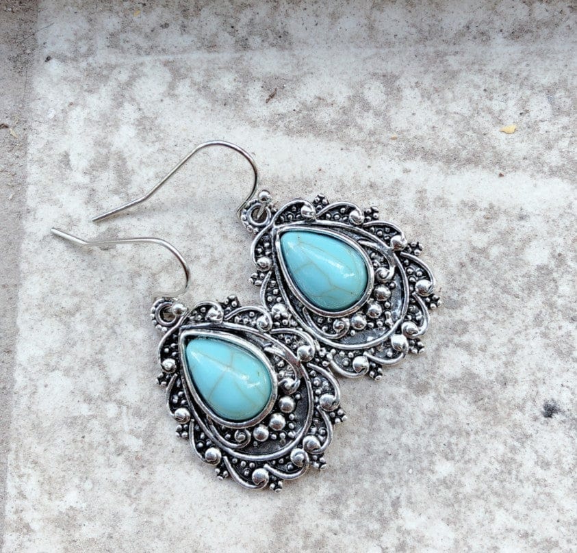 Artificial Turquoise Alloy Teardrop Dangle Earrings - Trendsi