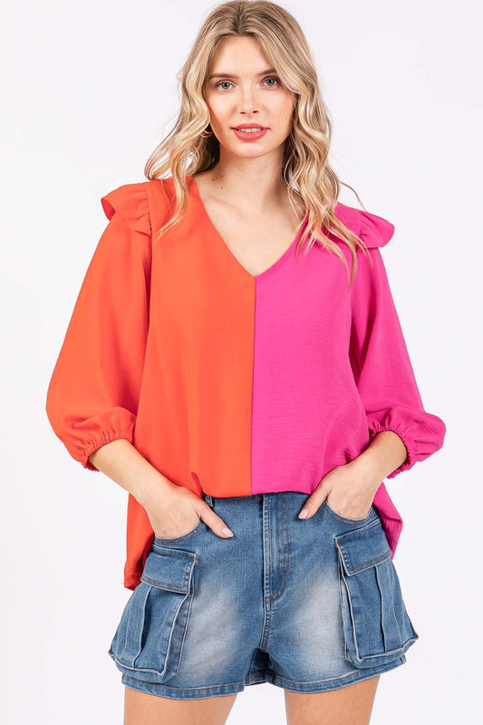 GeeGee Full Size Ruffle Trim Contrast Blouse - Flyclothing LLC