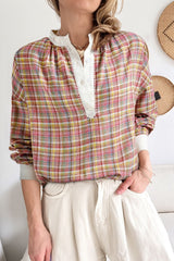 Mulit-Color Plaid Round Neck Long Sleeve Blouse - Trendsi