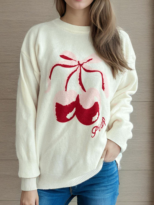 Cherry Round Neck Long Sleeve Sweater - Trendsi