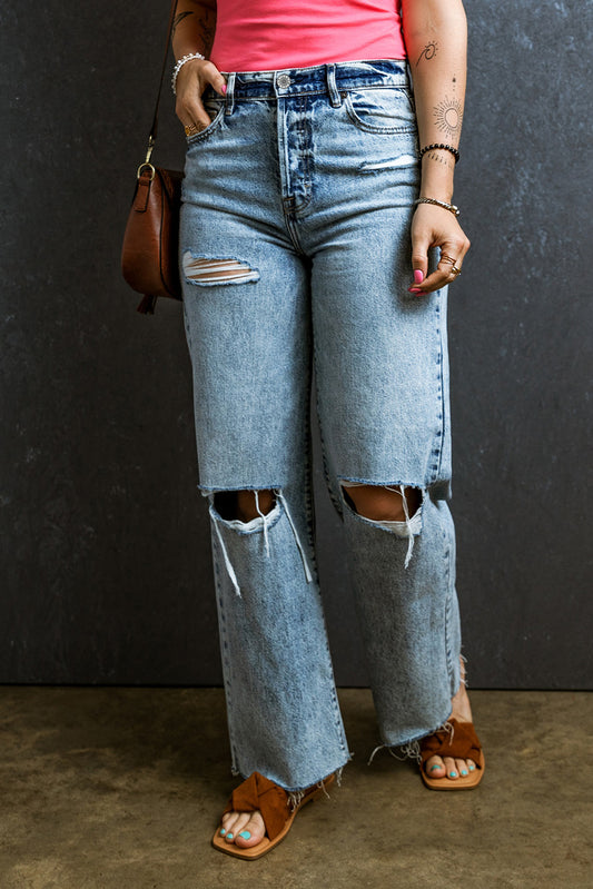 Distressed Raw Hem Straight Jeans Trendsi