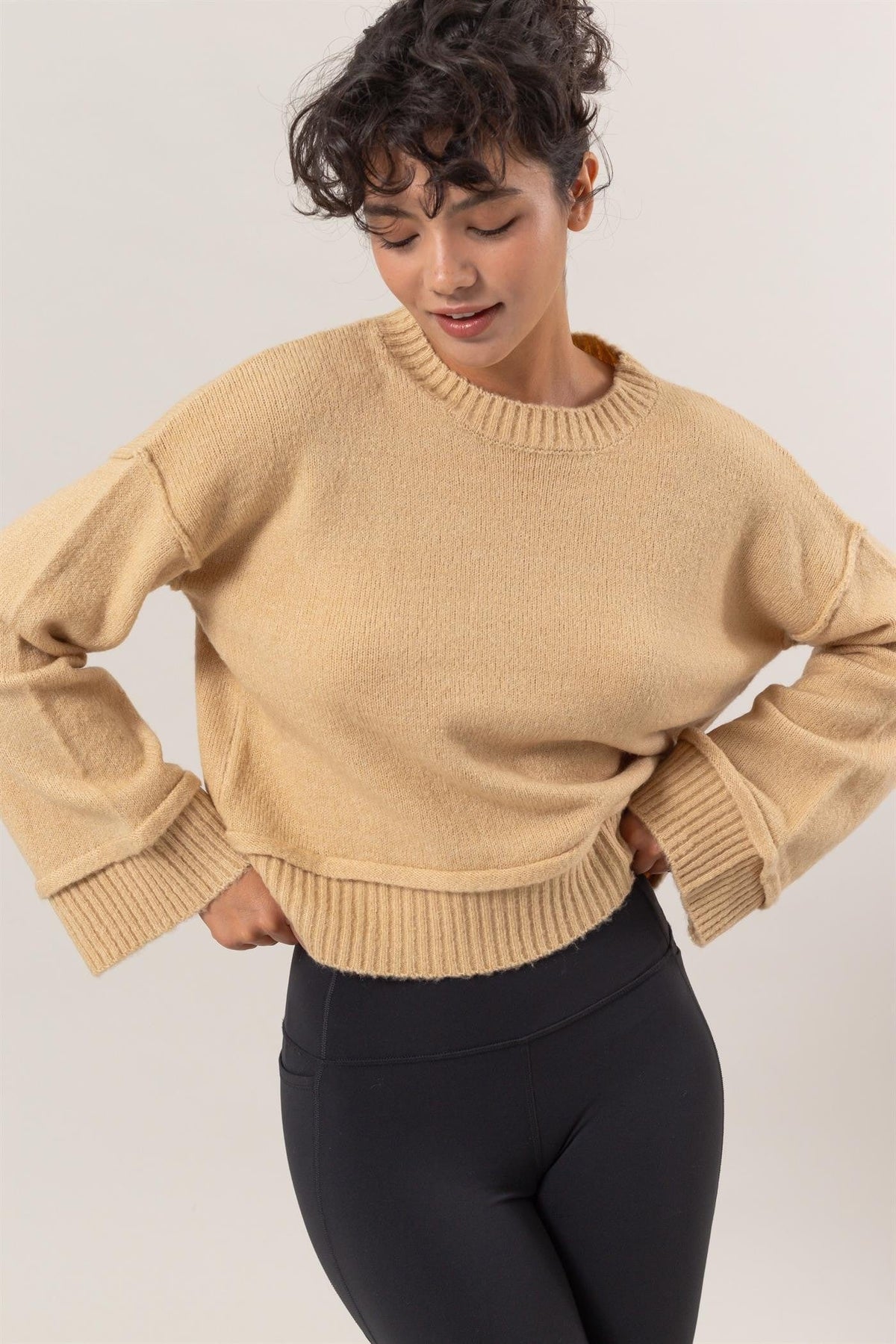 HYFVE Round Neck Dropped Shoulder Ribbed Sweater - Trendsi