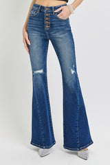 RISEN Distressed Button-Fly Flare Jeans - Trendsi