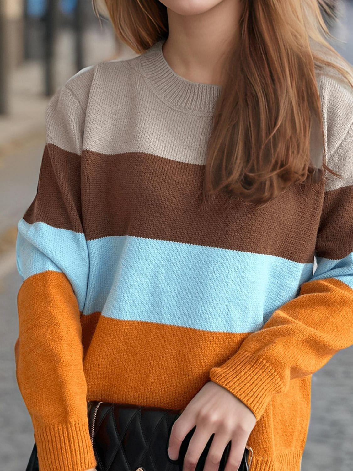 Color Block Round Neck Long Sleeve Sweater - Trendsi