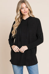 BOMBOM Contrast Drawstring Drop Shoulder Knit Hoodie - Trendsi