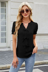 Bow Notched Short Sleeve Blouse - Trendsi