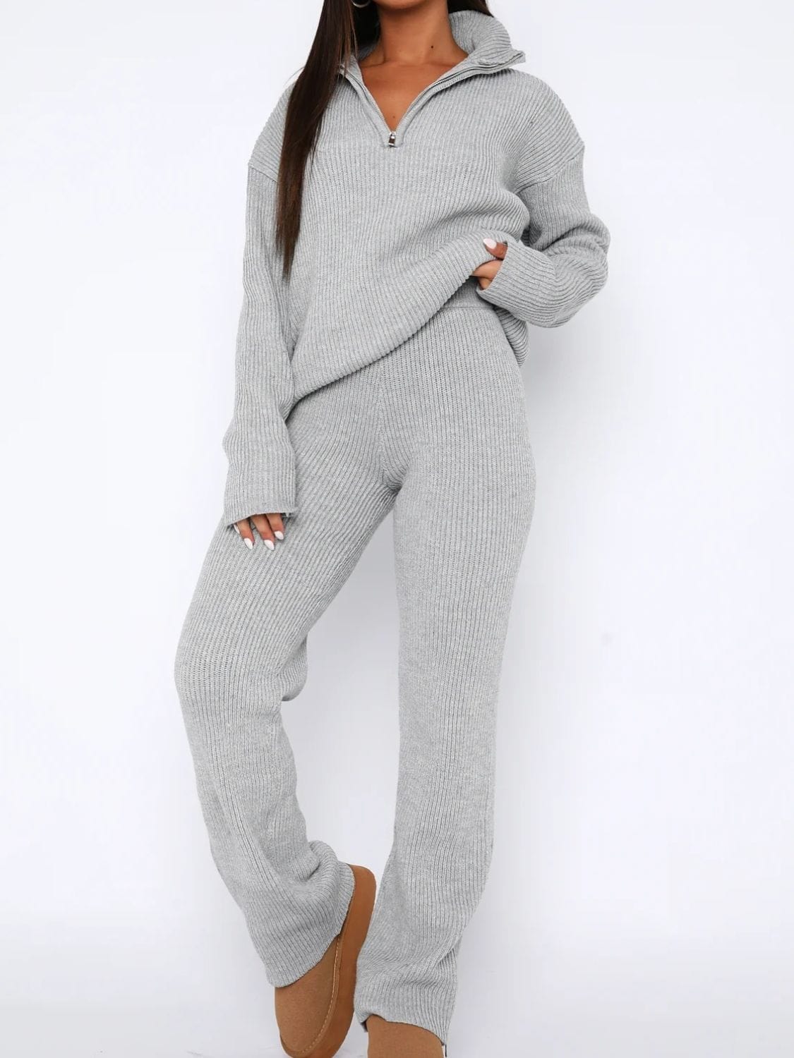 Quarter Zip Long Sleeve Top and Pants Set - Trendsi