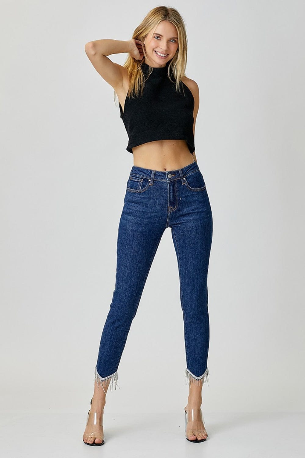 RISEN Full Size Embellished Mid Rise Crop Skinny Jeans - Trendsi