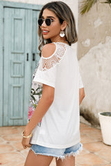 Lace Detail Round Neck Cold Shoulder Blouse Trendsi