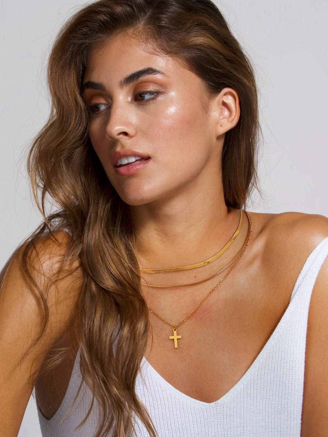 18K Gold-Plated Three-Layered Cross Necklace - Trendsi