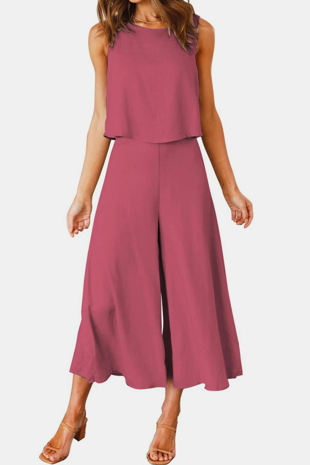 Round Neck Top and Wide Leg Pants Set Trendsi