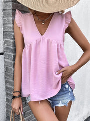 Ruffled V-Neck Cap Sleeve Blouse - Flyclothing LLC