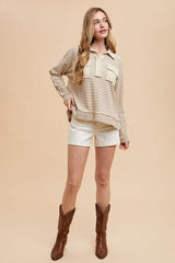 Annie Wear Striped Button Detail Long Sleeve Polo Top - Trendsi